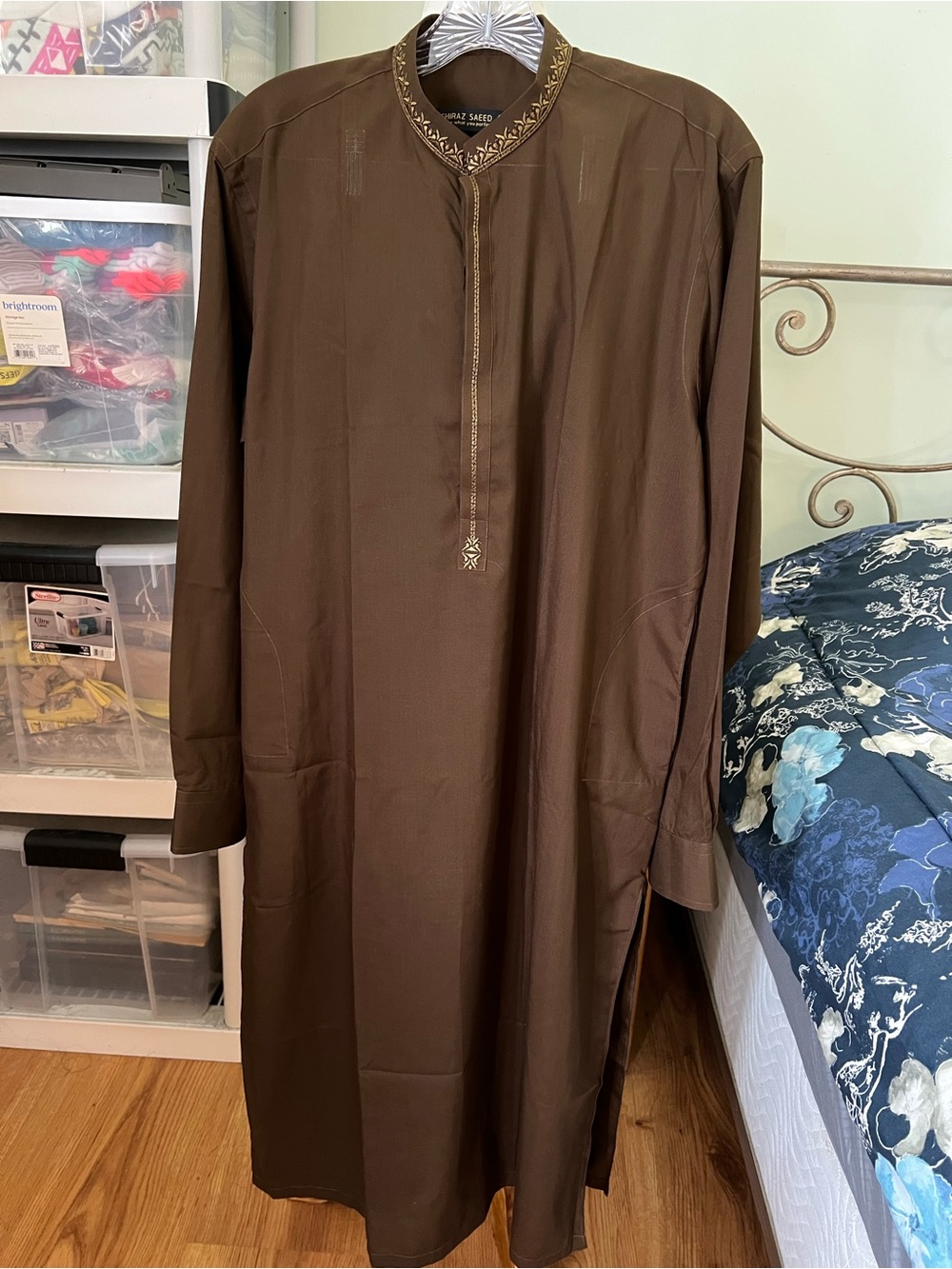 Shiraz Saeed Size Medium Brown Men’s Traditional Kurta with Subtle Embroidery